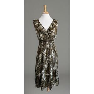 Studio West Apparel Dress Brown Black Safari Print Ruffle Smocked 100% Cotton L